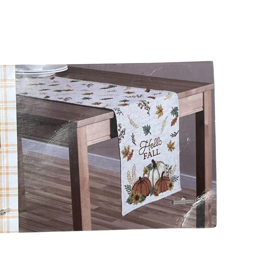 Thanksgiving Tapestry Door Mat Kitchen Rug & Table Runner Set Pumpkins Harvest